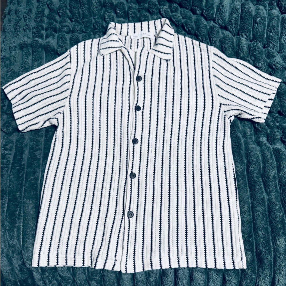 NEW Zara Size 13-14 Crochet Polo Button Down Striped White Black Spring Summer